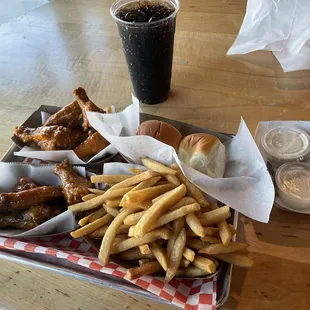 Fire Wing bone in, Mango Habanero bone in, plain fries, large drink, 2 Hawaiian Rolls, and side of ranch