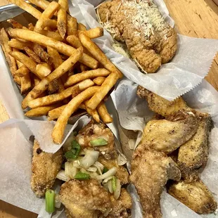 Seasoned fries, salt &amp; pepper wings, lemon pepper wings &amp; chicken strips