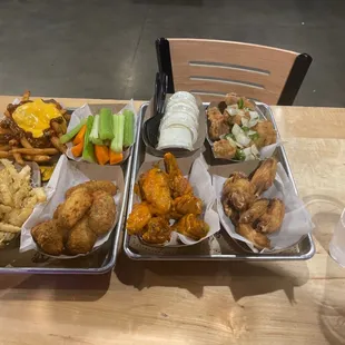 Regular Chilli Cheese, carrots &amp; celery sticks, ranch dip, salt &amp; pepper wings, garlic fries, stuffed jalapeño, buffalo wings, plain wings.
