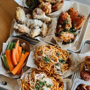 Wings and noodles