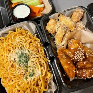 garlic noodz, peanut butter &amp; garlic parmesan wings, &amp; veggie sticks w/ ranch