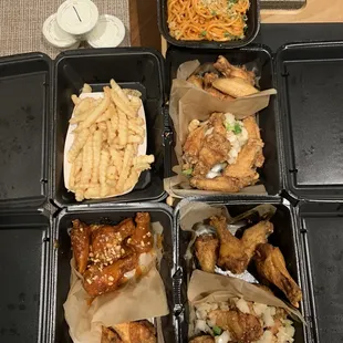 Wings, fries (crinkle) and garlic noods