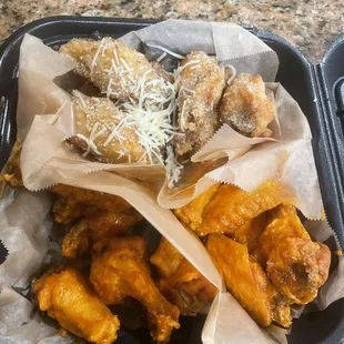 Parmesan garlic, Buffalo, and fire wings