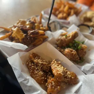 Peanut butter wings, dragon wings, and chili cheese fries