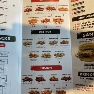 Wing flavors menu