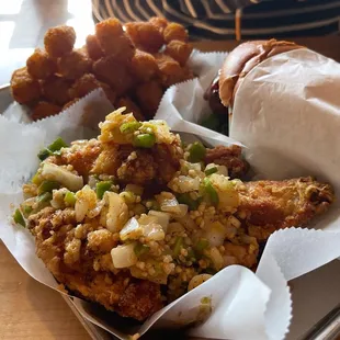 Salt &amp; pepper wings, tater tots &amp; Chicken TENDER SANDWICH