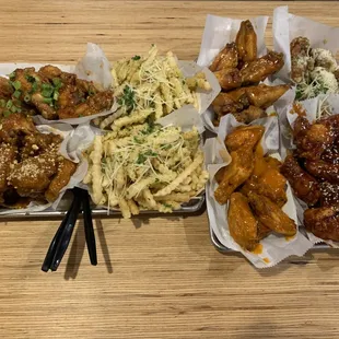 left to right :D 1. Thai Chili (2&amp;6)Large Garlic Fries 3. Mango Habanero 4. Garlic Parmesan 5. Peanut Butter 7. Fire Wings 8. Korean Kick