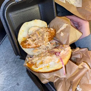 a person holding a sandwich