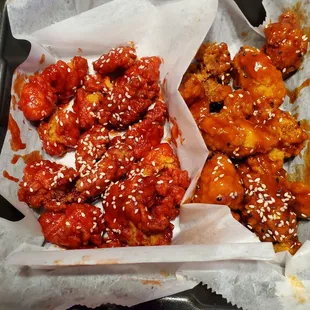 Peking and Korean boneless wings. (Too many popcorn chicken size pieces)