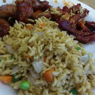 Boneless spear ribs and  bourbon chicken with shrimp fried rice