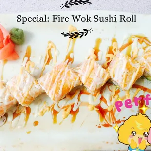 a plate of sushi roll with sauce