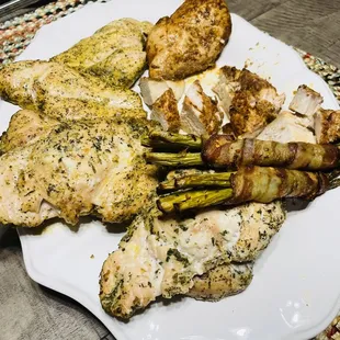 Chicken assortment and asparagus bundles. We loved the lemon pepper the most.