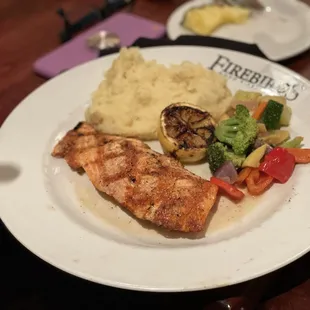 Woodfired Grilled Salmon and garlic mashed potatoes! Delicious!