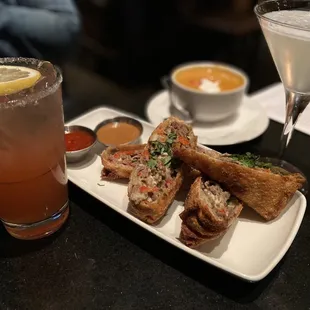 Philly cheesesteak egg rolls, chicken tortilla soup, double diamond &amp; a strawberry lemonade