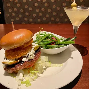 poblano burger with impossible patty. Green beans and extra dirty martini