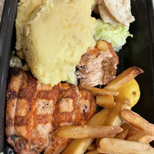 Wood Grilled Salmon Seasoned Steak Fries Family Side Parmesan Mashed Potatoes