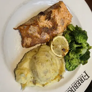 Adult  grilled salmon Broccoli steamed Fresh Vegetables