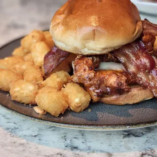 Hot honey chicken sandwich, tater tots