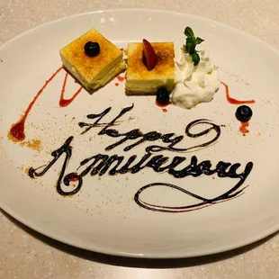 Beautiful Anniversary plate. Crème Burlee our absolute fav! Delicious