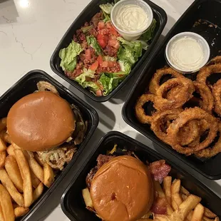 Durango and Smokehouse Burger with fries, blt salad, and onion rings