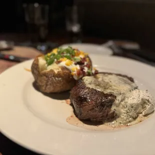 Garlic Sirlion and a loaded baked potato