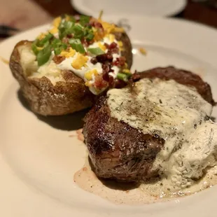 Garlic Sirloin with a loaded Baked Potato