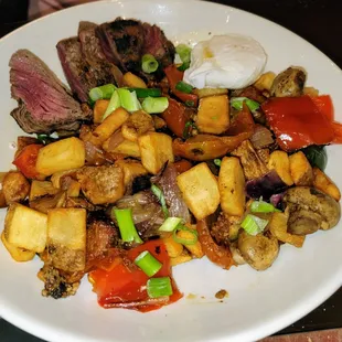 Steak &amp; Eggs Brunch Bowl - Wood grilled tenderloin, poached eggs, roasted potatoes, mushrooms tomatoes with a creamy horseradish sauce