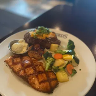 Grilled salmon, Loaded baked potato and Vegetable mixed.