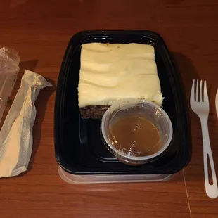Good food and service. Ordered carrot cake dessert &quot;to go&quot; (menu says &quot;for 2 to 3&quot;). Instead got a $9 4x4 sheet cake.