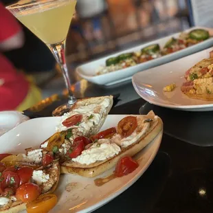 Bruschetta, Tuna tacos and chicken tostadas