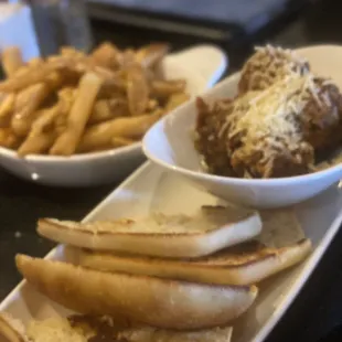 Steakhouse Meatballs and Roasted Garlic Parmesan Fries