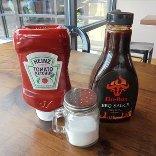 Condiments on each table.