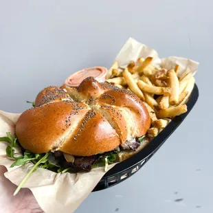 wagyu roast beef sandwich with fries
