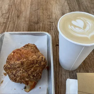 A large hot vanilla latte &amp; a ham and cheese croissant. The croissant was cold.