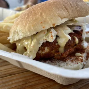 a chicken burger and french fries