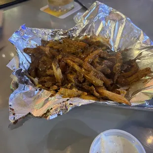 Small Chili and Cheese Fry Basket (after we mixed it up, lots of toppings to distribute!)