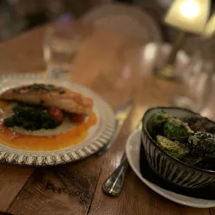 Salmon entree and garlic brussel sprouts