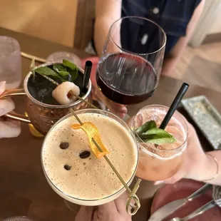 Espresso martini w orange aroma, lychee mule, guava juice &amp; pinot noir