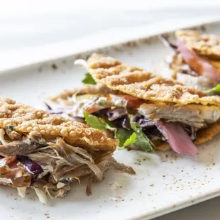 Peking Duck Tacos w/ pickled red onion / cabbage / cilantro crème fraîche / blood orange hoisin sauce