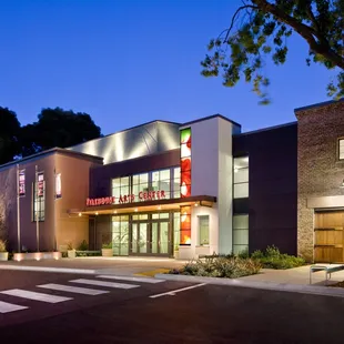 Firehouse Arts Center at night, side view