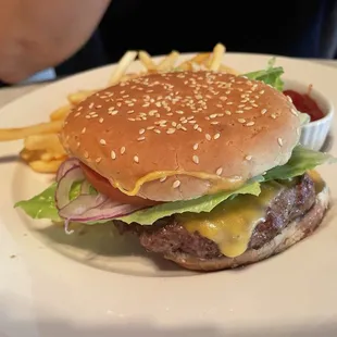 a hamburger and fries on a plate