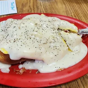 Openface Biscuits Scrabble w/bacon. 1st thing on the breakfast menu