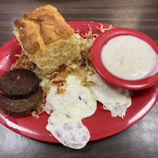 2 Eggs with Sausage &amp; Biscuit  &amp; Gravy.  I ordered scrambled, but got over medium. No worries, it tasted great!