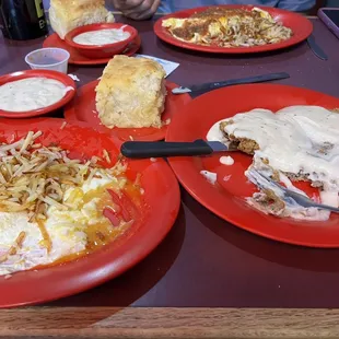 Chicken Fried Steak and eggs with The Best Biscuits we have Ever Eaten.