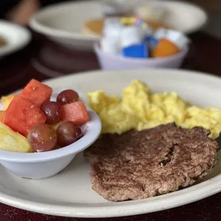 Hamburger Patty &amp; Eggs. The fruit is fresh!