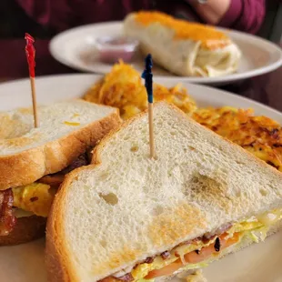a plate with a sandwich and hash browns