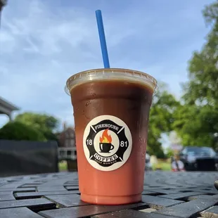 Raspberry ice latte with oat milk