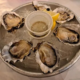 Happy Hour Oysters $2 each with 6 oyster minimum. Server said these are Steamboat Oysters from Washington. Receipt said Blue Point Oysters.
