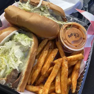 Steak and Cheese "The Works" with seasoned fries