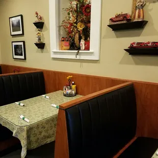 Booth seating and Fire company memorabilia.